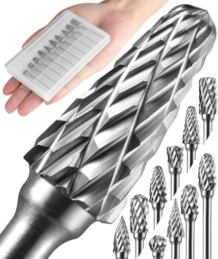 10 Pcs Carbide Burr Set 1/8" Shank Compatible with Dremel Bits Rotary Tools Attachment Kit Rasp Drill File Accessories Metal Wood Stone Steel Grinding Carving Cutting Polishing Engraving