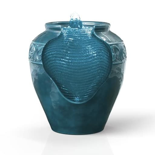 Floor Glazed Pot Water Fountain with Built-in LED Light and Pump for Outdoor Indoor Patio Garden Backyard Decking Home Décor, 17 inch Height, Teal