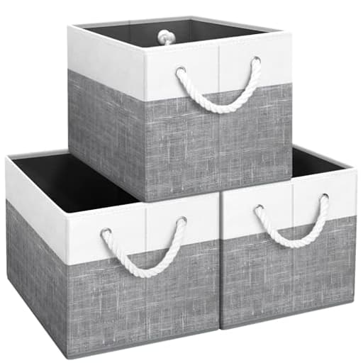 Storage Bins [3-Pack], Foldable Storage Baskets for Organizing Toys, Books, Shelves, Closet, Large Storage Box with Rope Handles, Sturdy Organizer Bins, White & Grey