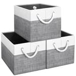 Storage Bins [3-Pack], Foldable Storage Baskets for Organizing Toys, Books, Shelves, Closet, Large Storage Box with Rope Handles, Sturdy Organizer Bins, White & Grey