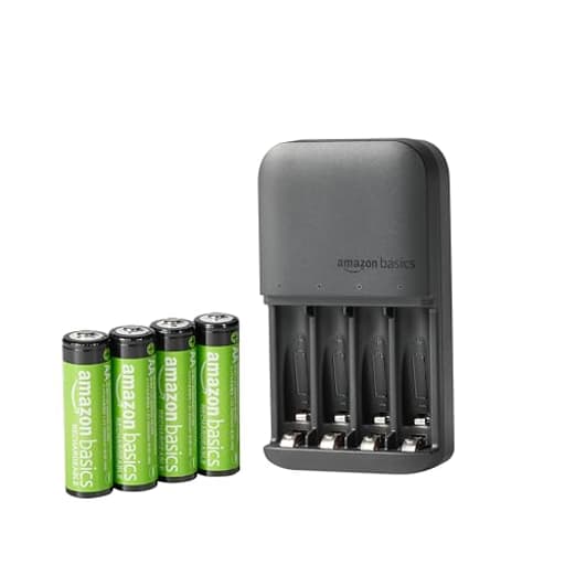 4-Bay Battery Charger for AA & AAA Rechargeable Batteries with Rechargeable AA NiMh Batteries, 4 count (Pack of 1), Type A (American) Plug, Black