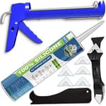 White Silicone Sealant + Caulk Gun + Caulking Tool Kit - All-Purpose 100% Silicone Caulk (10 oz Tube), with No-Drip Gun, 3-in-1 Scraper/Smoothing Tool, Multi-Use Handheld Finishing and Scraping Tool