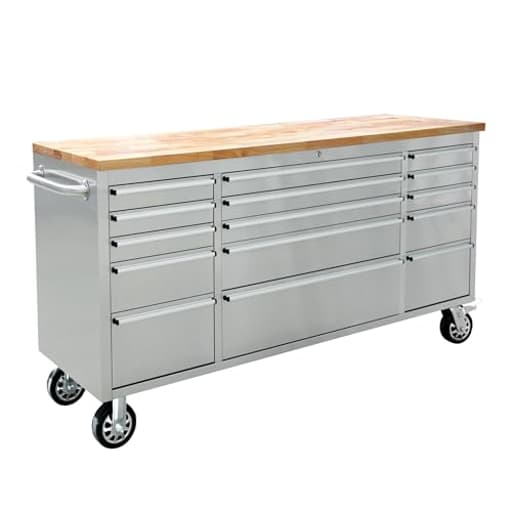 72-inch Rolling Tool Chest with 15 Drawers and Wheels, Mobile Garage Workbench, Large Tool Box Storage Tool Cabinet with Wood Top for Workshop,Stainless Steel