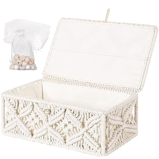 Macrame Storage Basket with Lid & 25Pcs Organza Gift Bags Bohemian Jewelry Box Handmade Woven Natural Cotton Rope Lidded Bin Decorative Desktop Organizer Countertop Tank Shelf Cabinet Container