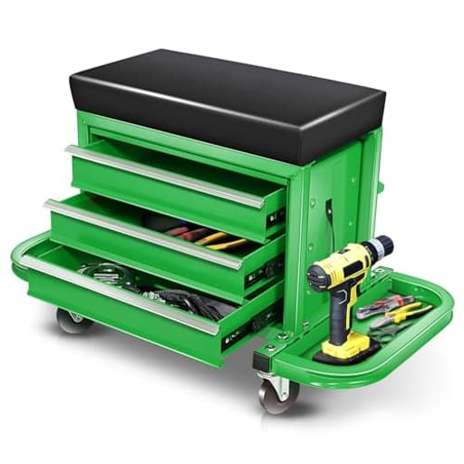 3-Drawer Mechanic Rolling Seat, 350 LBS Capacity Roller Garage Shop Seat with Storage Tool Tray for Workshop, Repair Shop, Warehouse, Green