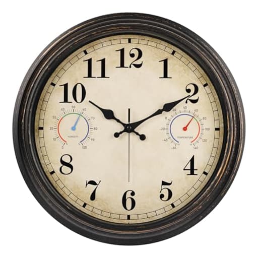 16 Inch Large Outdoor Clock with Thermometer and Hygrometer Combo, Waterproof Indoor Outdoor Wall Clocks for Patio, Pool,Garden Decor- Retro Bronze