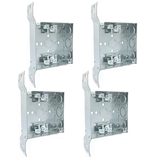 (4 Pack) 4-Inch Square Metal Box with Side Mounting Bracket, Welded, 1-1/2'' Deep, with 2 AC/MC/Flexible Cable Clamps, Three 1/2'' knockouts, 1 TKO, Combination Screw Heads, New Work