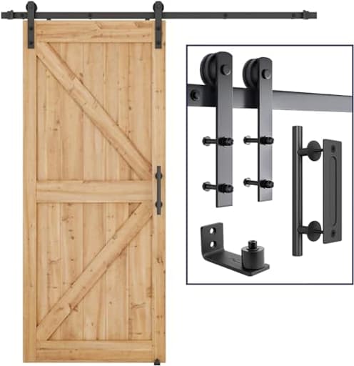 6.8 FT Heavy Duty Sturdy Sliding Barn Door Hardware Kit, Black, (Whole Set Includes 1x Pull Handle Set & 1x Floor Guide) Fit 36"-40" Wide Door Panel