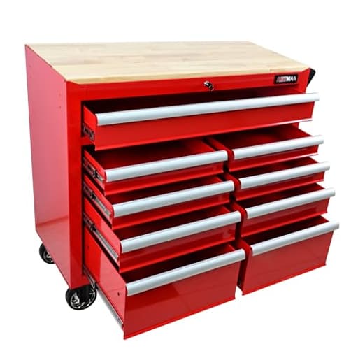 Heavy Duty Rolling Tool Chest with 9-Drawer Wood Top Tool Cart Mechanic Tool Box with Wheels Tool Storage Cabinet Mobile Workbench Tool Bench for Garage, Warehouse, Workshop, Repair Shop
