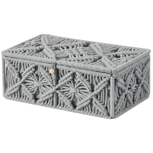 Decorative Boho Storage Baskets with Lid Bohemian Macrame Jewelry Box Handmade Natural Cotton Rope Woven Bins Memory Keepsake Photo Makeup Organizer Shelf Container