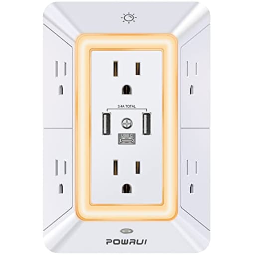 Multi Plug 6 Outlet Surge Protector Extender with 3 USB Ports (1 USB C) and Night Light, 3-Sided Power Strip with Adapter Spaced Outlets, ETL Listed, White