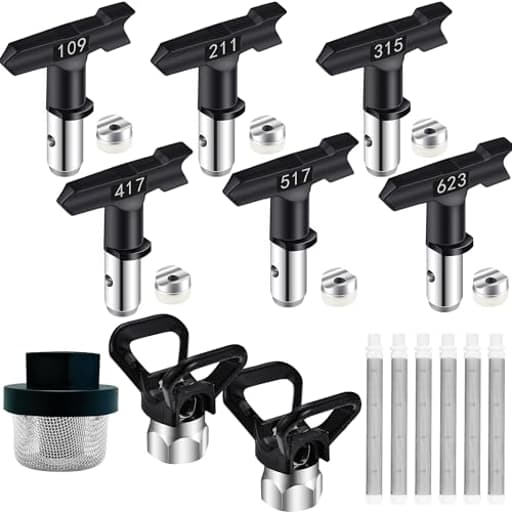 15 Pieces Airless Paint Sprayer Tips Set, 6 Reversible Spray Nozzle Tips, 6 Airless Paint Spray Gun Filter,1 Inlet Strainer and 2Pcs Nozzle Tip Guards for Spraying Machine Parts
