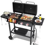 Charcoal and 2-Burner Propane Gas Combo Grill with Stainless Steel Griddle & Porcelain-enameled Cast Iron Grates, Dual Fuel BBQ Combo Grill for Outdoor Cooking