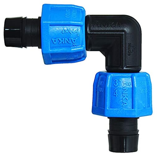 AE34 ANKA Series High Pressure Poly-Pipe 90° Elbow, 3/4" x 3/4" Black Fitting w/Blue Tapered Nut Seals, High Grade Glass Fiber Reinforced Nylon, Agriculture & Irrigation