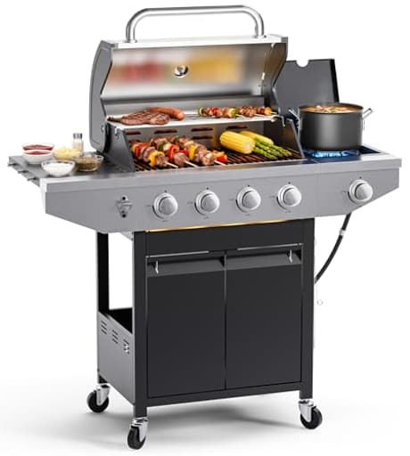4-Burner Propane Gas BBQ Grill with Side Burner, 46,500 BTU Output Stainless Steel Barbecue Grill with Enameled Cast Iron Grates and Side Tables for Outdoor Cooking Kitchen and Patio Backyard