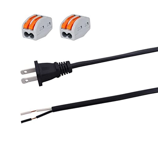 AC Power Pigtail 2 Prong 18AWG, Replacement Cable 120V Wall Plug, 3ft Polarized Cord Black, Open End 10A, Flat Wire 1200W at 120VAC