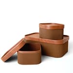 Fluted Cardboard Storage Baskets with Leather-Like Lids, Sturdy Stackable Paper Boxes Decorative Tray, Chocolate Brown, Set of 3
