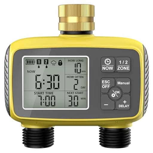 Programmable 2-Zone Smart Sprinkler Timer - Outdoor Automatic Irrigation Water Timer with Rain Delay & Waterproof Brass Swivel for Lawn, Garden, Pool