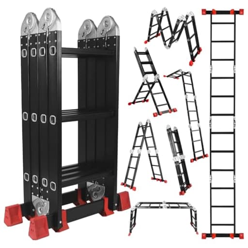 7-in-1 Folding Aluminium Extension Ladder, 12Feet, Black, 330lbs Capacity, Multi-Position, Telescoping Ladder