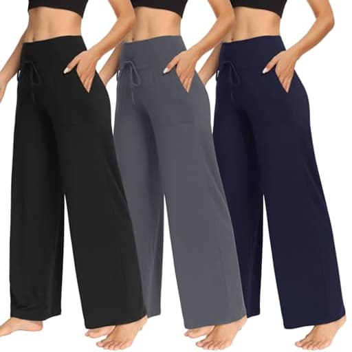 3 Pack Women's Wide Leg Pants with Pockets - Casual Loose Yoga Trouser Pants Sweatpants Palazzo Lounge Pajama Pants