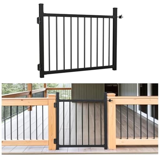 36"x45" Aluminum Gate with Self-Closing Hinges,Round Tube 3/4" pickets,DIY Adjustable Width Black Powder Coated Deck gate Kits Incl. Hinges Latch for Deck Railing Patios Gardens Indoor Outdoor