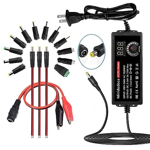 72W Power Supply Adjustable 3V ~ 24V Variable Universal Switching AC/DC Adapter Minidodoca AC to DC Converter with LED Voltage Display and 16 Tips, for 3V to 24V Household Electronics - 3000mA Max