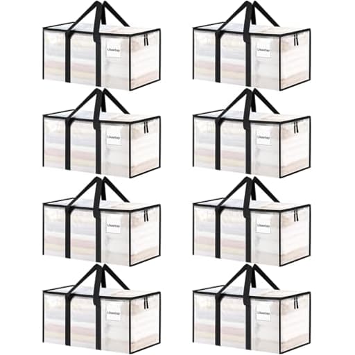 8 Pack Extra Large Heavy Duty Moving Bags, Clear Storage Bins with Lids, Reinforced Handles & Heavy-Duty Zippers Moving Boxes Storage Bags Totes for Clothes Packing, Dorms, College Supplies, Clear