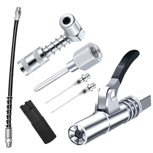 Grease Gun Accessory Kit,includes Grease Needle Dispenser, 2pcs Grease Needle Nozzles, 90 Degree Grease Coupler Adapter with Sleeves, Grease Gun Coupler, 12 Inch Grease-Gun-Hose, Zerk Fitting Cleaner