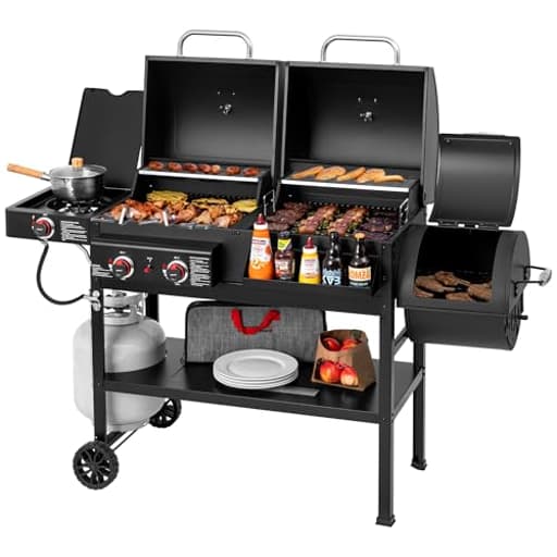 2-Burner Gas and Charcoal Combo Grill with Offset Smoker & Side Burner, 34,000 BTU Dual Fuel Grill, 1020 Sq. In. Cooking Area, Ideal for Outdoor Cooking, Black, ZH3005Y-SC