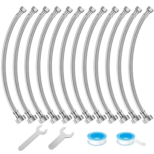 12 Pack 16 Inch Toilet Water Supply Line, 3/8" Comp x 1/2" FIP Faucet Hose Connector, Stainless Steel Braided Faucet Supply Line Extension, with 2 Wrenches and 2 Sealing Tapes