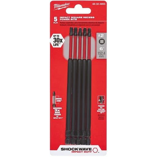 SHOCKWAVE 6” Impact Square Recess #2 Power Bit (5pk)