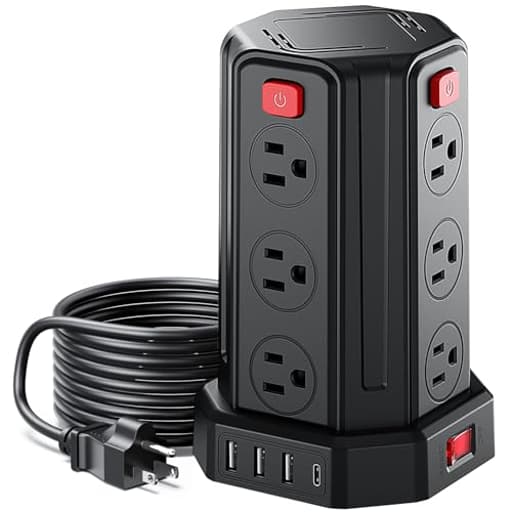 Power Strip Surge Protector, 6.5 Ft Extension Cord with 12 AC Multiple Outlets 4 USB (1 USB C), SMALLRT Power Tower Desktop Charging Station