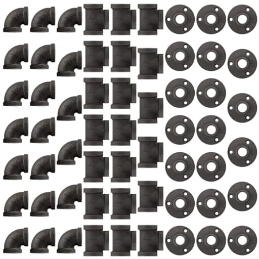 60 Pack 3/4 Inch Cast Iron Pipe Fittings (20 Elbows, 20 Tees, 20Flange), Industrial Pipe for Threaded Black Pipes and Fittings, DIY Steampunk Industrial Vintage Style.