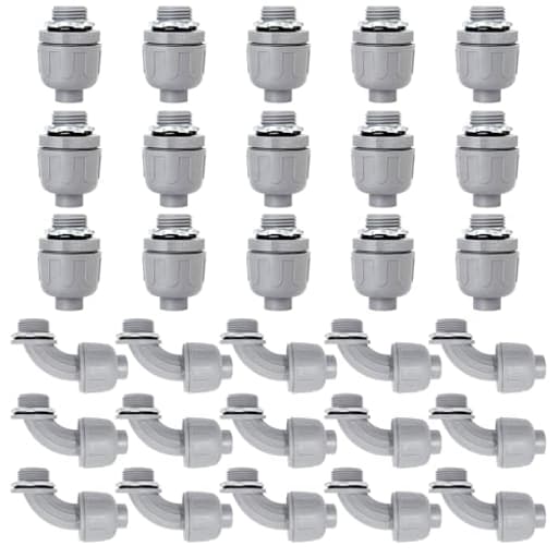 30 Pack 1/2 Inch Liquid Tight Connectors - PVC Electrical Conduit Fittings, Straight, 90 and 180 Degree Non-Metallic Flexible Connectors for Home, Bathroom, and Kitchen, Gray