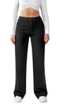 Womens Casual High Waist Straight Leg Pants Stretchy Button Business Dress Work Pocket Trousers Black