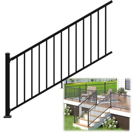 36 in. H x 6 ft. W Porch and Deck Railing Kit, Aluminum Stair Railing Kit, Black Textured Powder-Coat Finish Railing System for Concrete Steps or Wooden Stairs