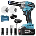 450N.m/332Ft-lbs Brushless Impact Wrench,1/2" Cordless Impact Gun with 4.0Ah Battery & 6 Sockets, Electric Impact Driver for Car/DIY Furniture/Lawn Mower/blue