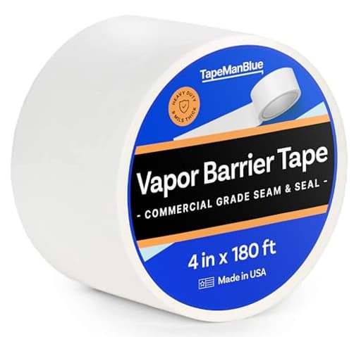 Vapor Barrier Tape - 4 inch x 180' Roll, Made in USA, White Polyethylene Tape for Crawl Spaces & Moisture Barriers, Waterproof Seal & Seam Tape for Underlayment, Insulation, and Plastic Liners
