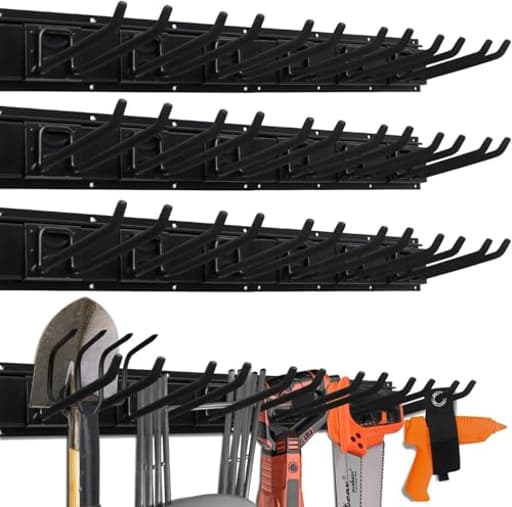 64-Inch Heavy Duty Garage Organization Rack, 14 Packs Max Load 600LB, 4 Packs Rails and 9 Adjustable Hooks, Tool Organizer Rack with Heavy Double Hooks Tracks