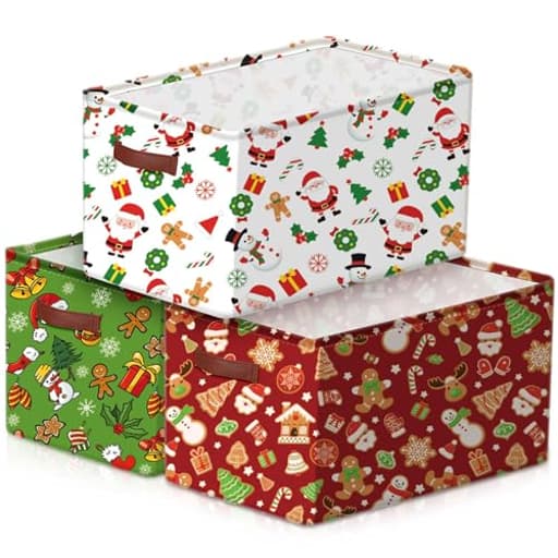 3 Pack Christmas Storage Bin Collapsible Large Christmas Storage Baskets for Gifts Empty Candy Holiday Decor Canvas Laundry Basket Foldable Box with Handle for Office Home Bedroom Clothes