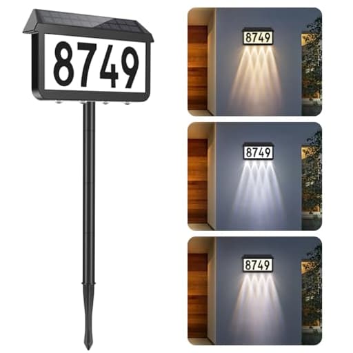 Solar Address Signs, House Number for Outside Waterproof, 3-Color LED Illuminated Address Plaques with Stake, Wall Mounted Solar Powered Light Up Address Numbers for Houses, 1-Pack