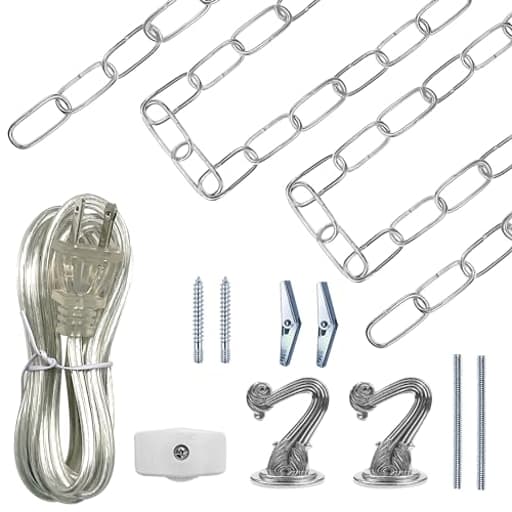 Swag Light Kit, Lamp Parts Chandelier Light Fixture Chain Swag Kit Includes 12 Ft Chain, 15 Ft Cord with Switch, 2 Swag Hooks and Mounting Hardware