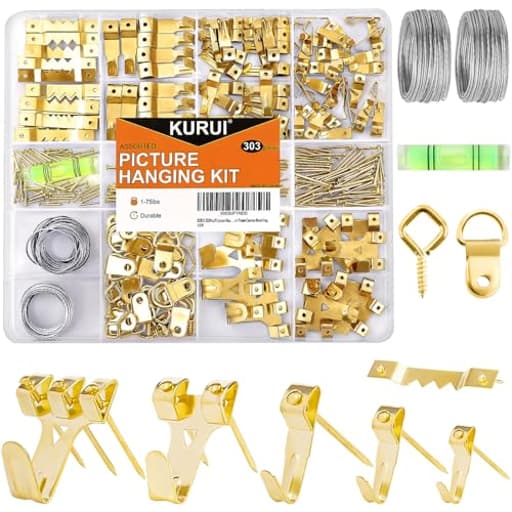 303Pcs Picture Hanging Kit, Picture Hangers Assorted Kit with Heavy Duty Picture Hanging Hooks/Hardware Nails/Sawtooth/Wire/D Rings/Level, Metal Picture Wall Hooks for Frame Canvas Mounting