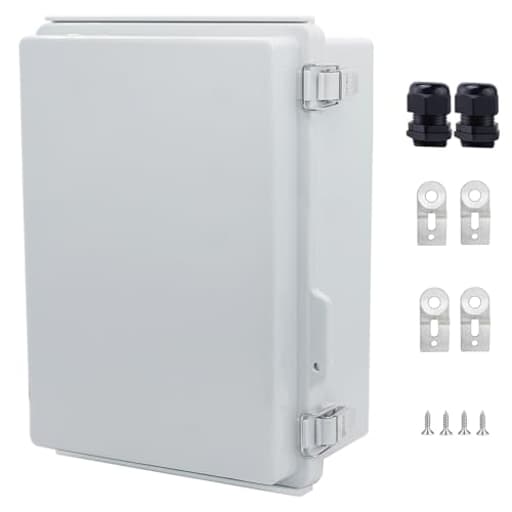 IP67 Waterproof Junction Box, ABS Plastic Electrical Enclosure with Stainless Steel Latch, Hinged Cover Electric Box with Mounting Plate, Wall Brackets & Cable Glands 280x190x130mm