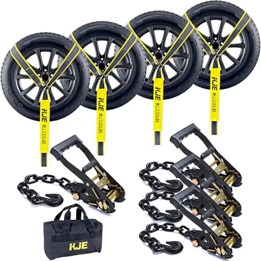 4 Pack Reflective Car Tie Down Straps for Trailers - Tire Ratchet Strap with Chain Anchors - 2" x 10' 10,000LBS Break Strength - Lasso Style Wheel Straps for Hauling UTV, SUV, Truck, Any Cars