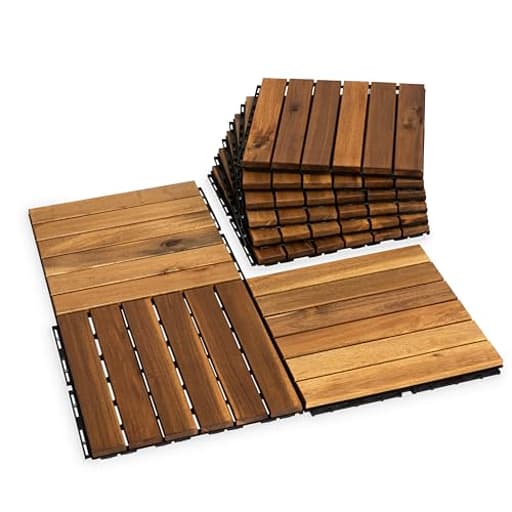 Acacia Wood Flooring Interlocking Deck Tiles for Patio Decor 9 Pcs 6 Slats VR Natural - Waterproof Indoor & Outdoor Decor - Balcony Garden Decking Tile