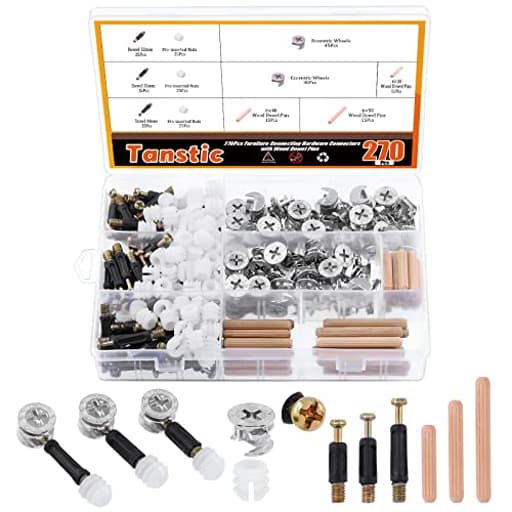 270Pcs 3 in 1 Furniture Connecting Hardware Connectors Kit, Furniture Cam Lock Fasteners Including Cam Lock Fittings with Dowel, Pre-Inserted Nut, Wood Dowel Pins Furniture Crib Screws