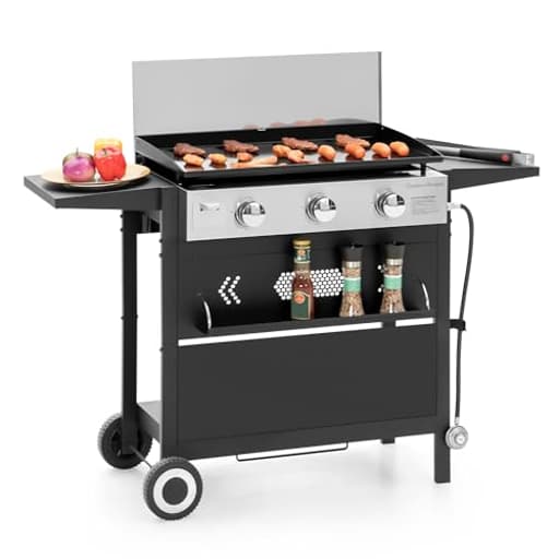 27 in Flat Top Griddle Grill with Ceramic Coated Cast Iron Pan, 3-Burner Propane Gas Griddle Grill, 33,000 BTU Output Flattop Grills for Outdoor Barbecue, Cooking and Party