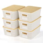 Plastic Storage Baskets With Bamboo Lid - Plastic Storage Containers Stackable Storage bins: Storage Baskets for Organizing Shelves Drawers Desktop Closet Playroom Classroom Office, 6 Pack