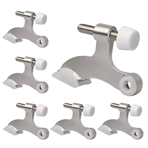 6 Pack Hinge Pin Door Stopper Brushed Satin Nickel - Adjustable Heavy Duty Hinge Pin Door Stops with White Rubber Bumper Tips